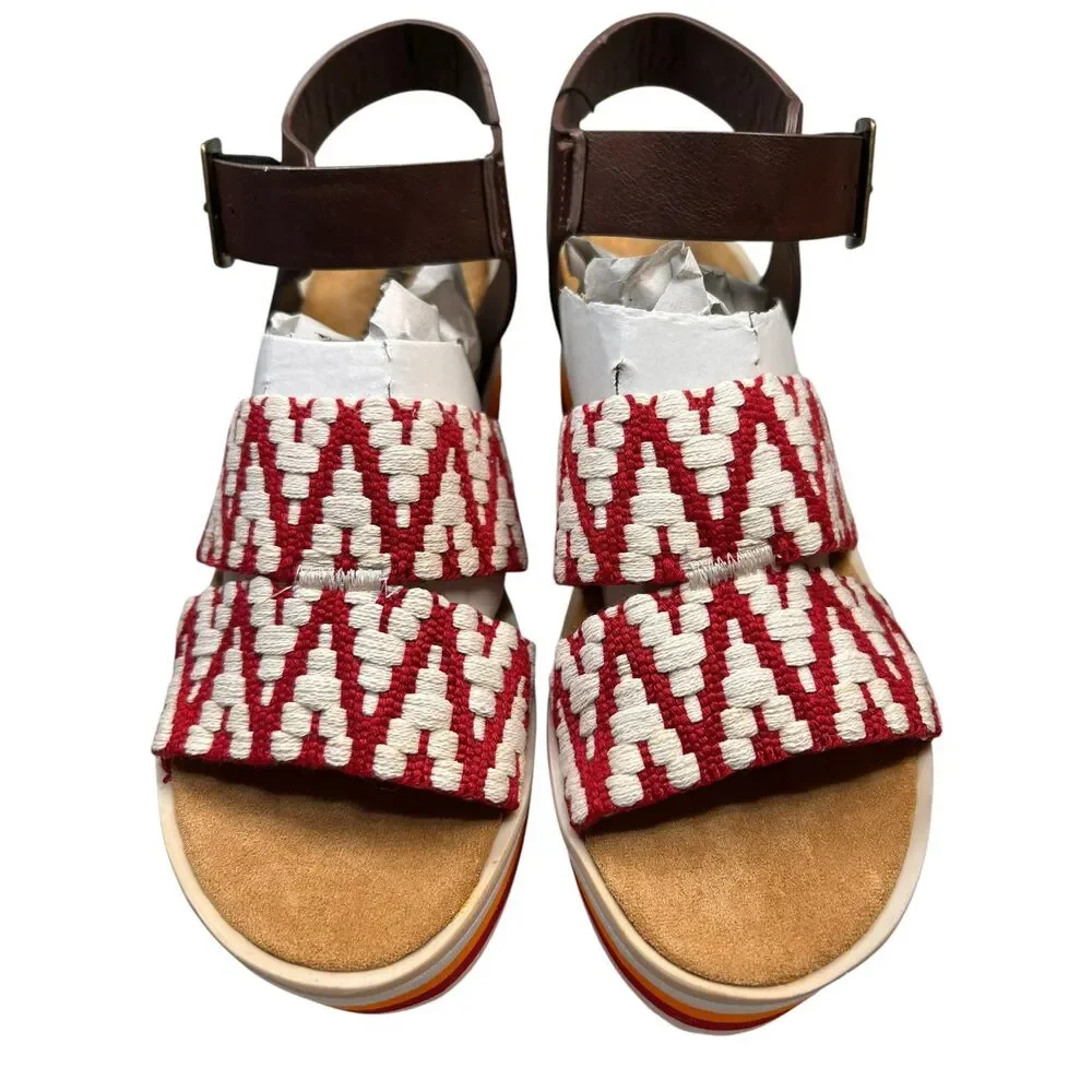 Muk Luks Red Woven Platform Wedge Sandals Size 8 Boho Retro Stripe Sole